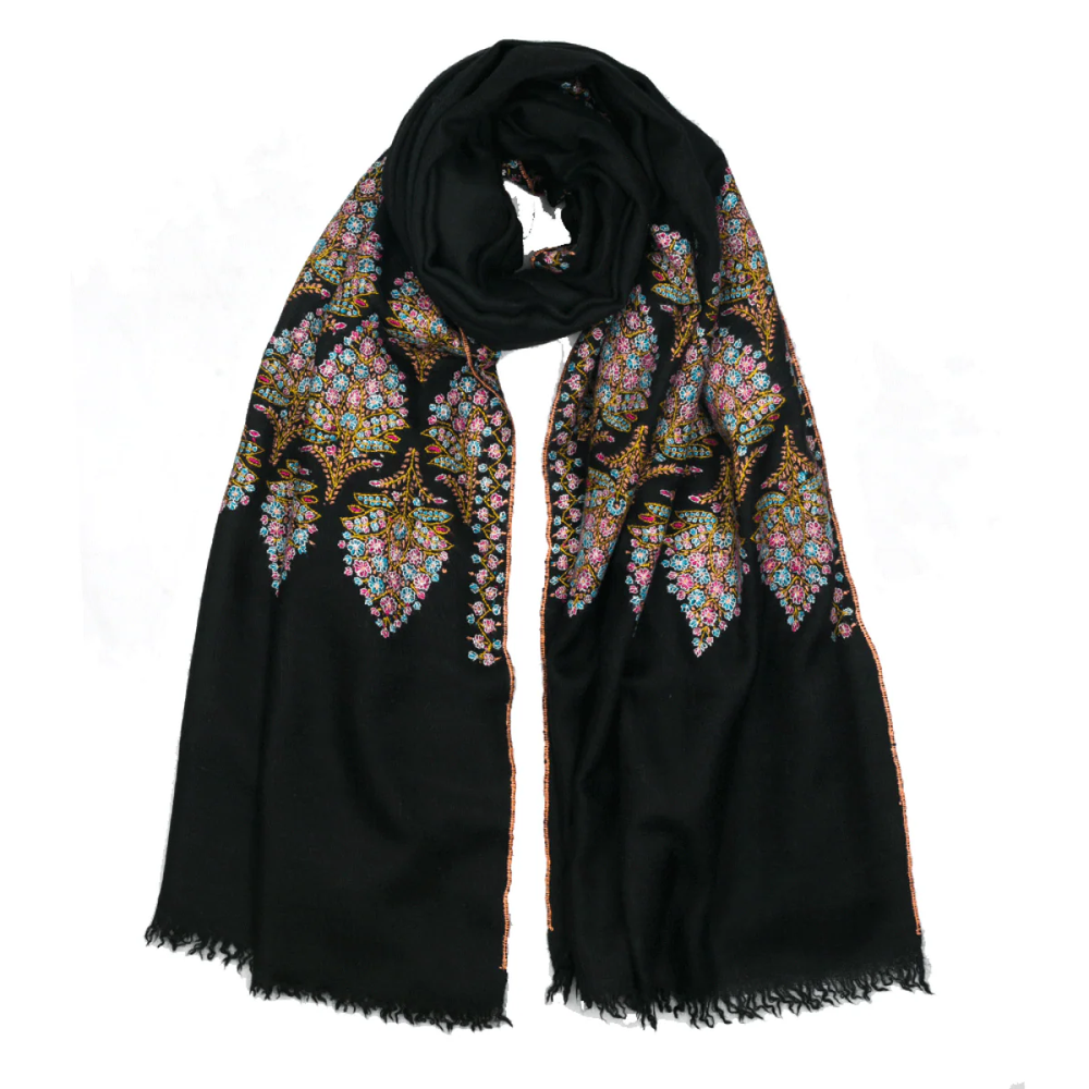 Embroidered Pashmina Shawl - Black / Pink & Blue Motif