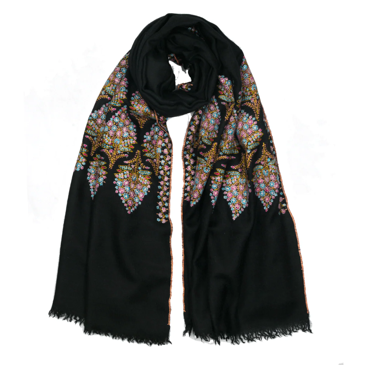 Embroidered Pashmina Shawl - Black / Pink & Blue Motif