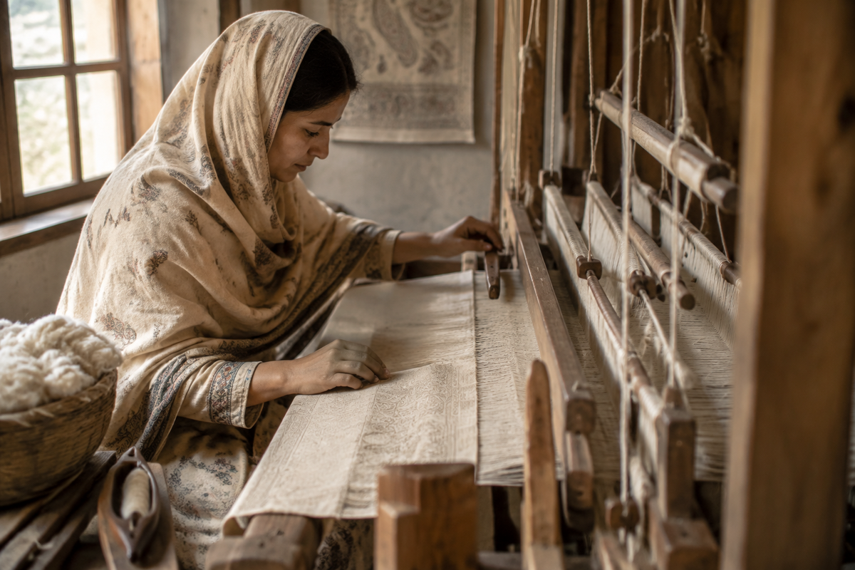 There's no accessory that captures autumn quite like a fall pashmina shawl. Women artisan weaving pashmina.