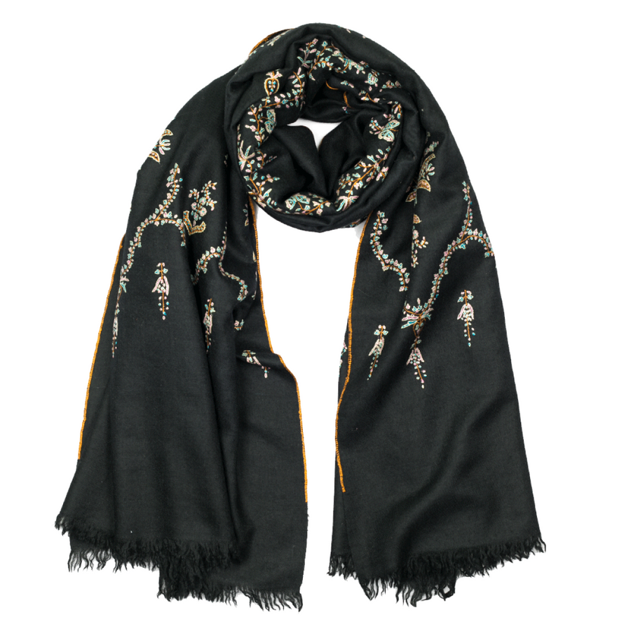 Embroidered Pashmina Shawl - Black & Aqua