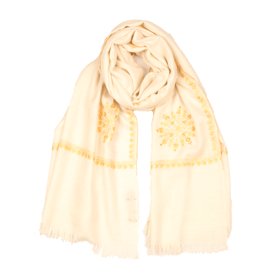 Embroidered Pashmina Stole - White & Salmon