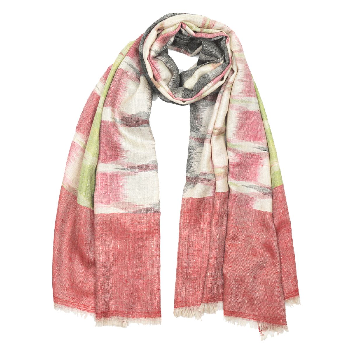 Ikat Cashmere Pashmina Stole - Red & Lime Green