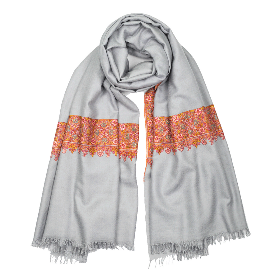 Embroidered Pashmina Shawl - Grey & Orange