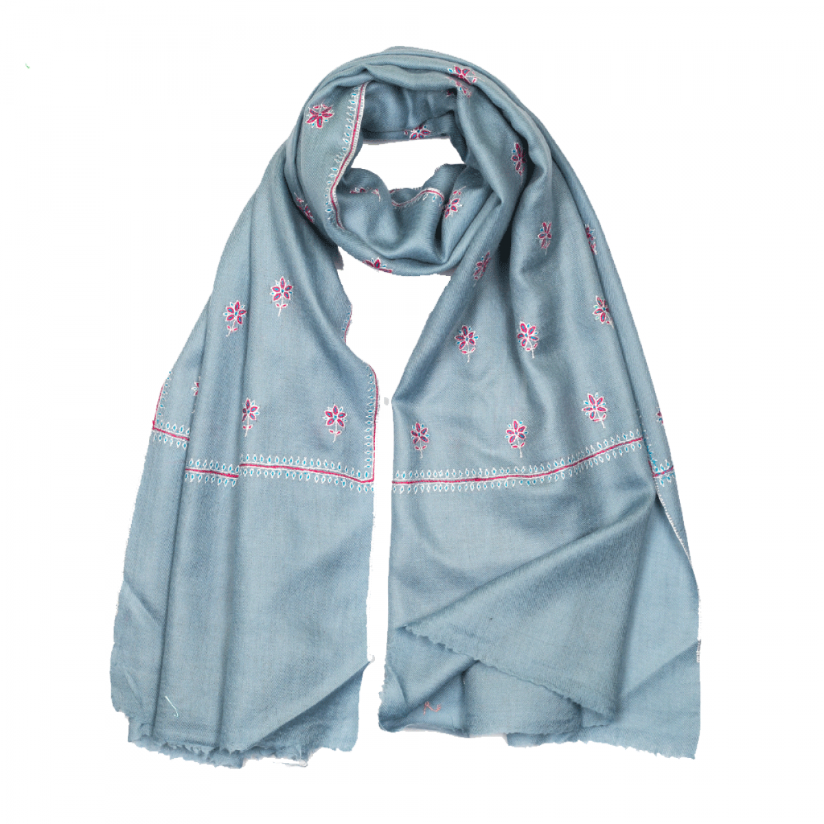 Embroidered Pashmina Stole - Light Blue & Red
