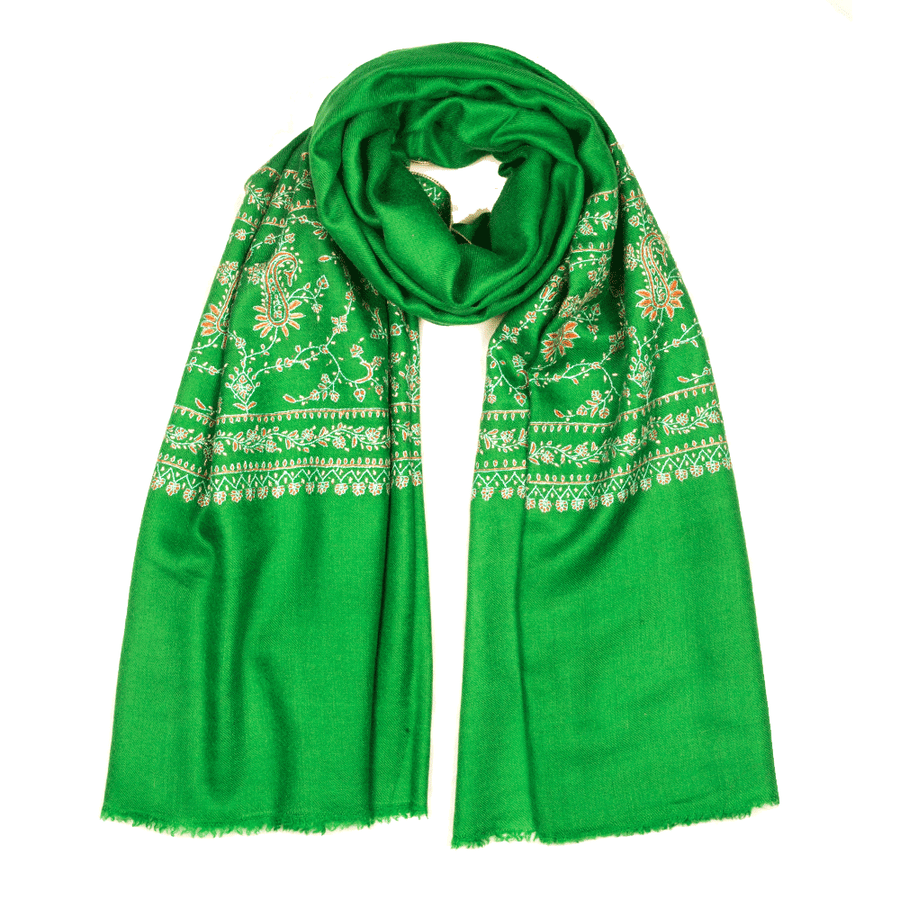 Embroidered Pashmina Stole - Jolly Green & Orange