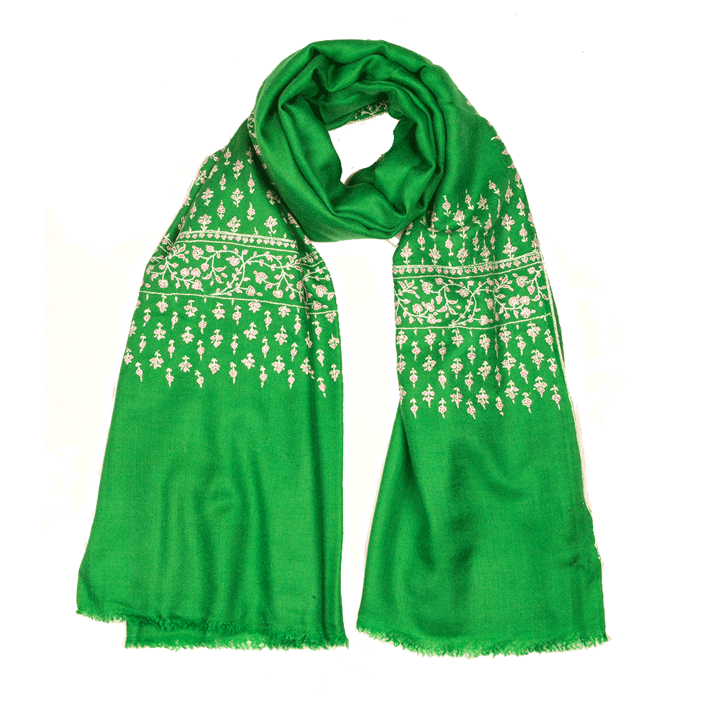 Embroidered Pashmina Stole - Jolly Green & White
