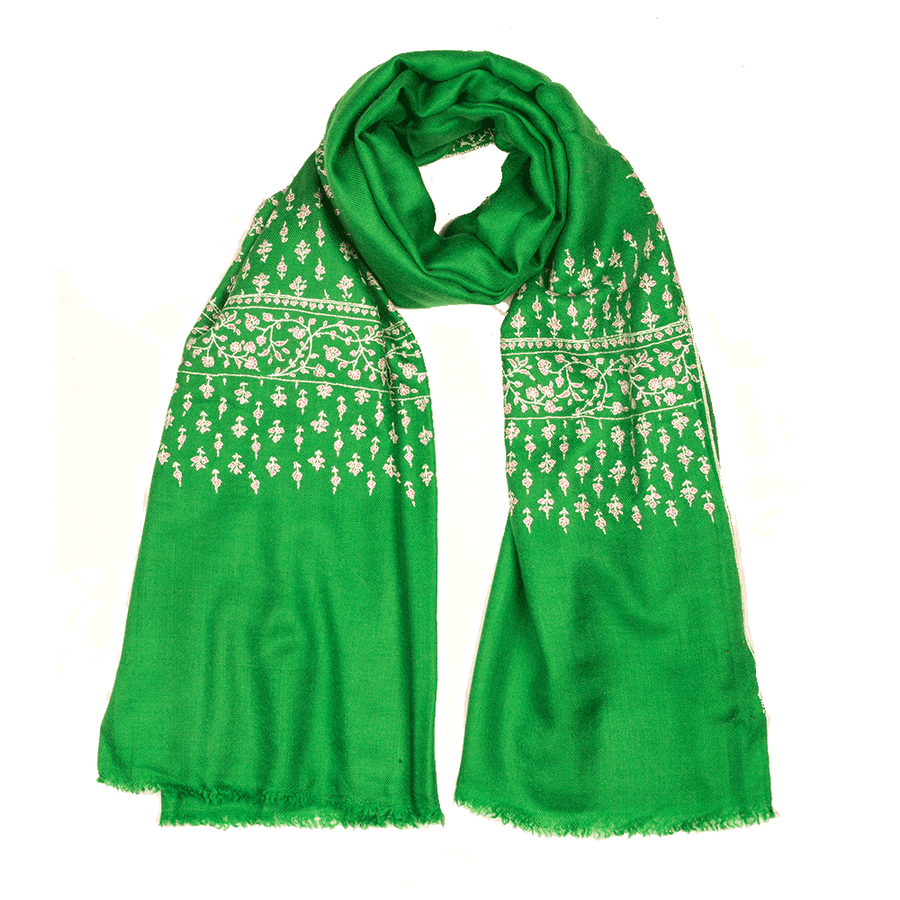 Embroidered Pashmina Stole - Jolly Green & White