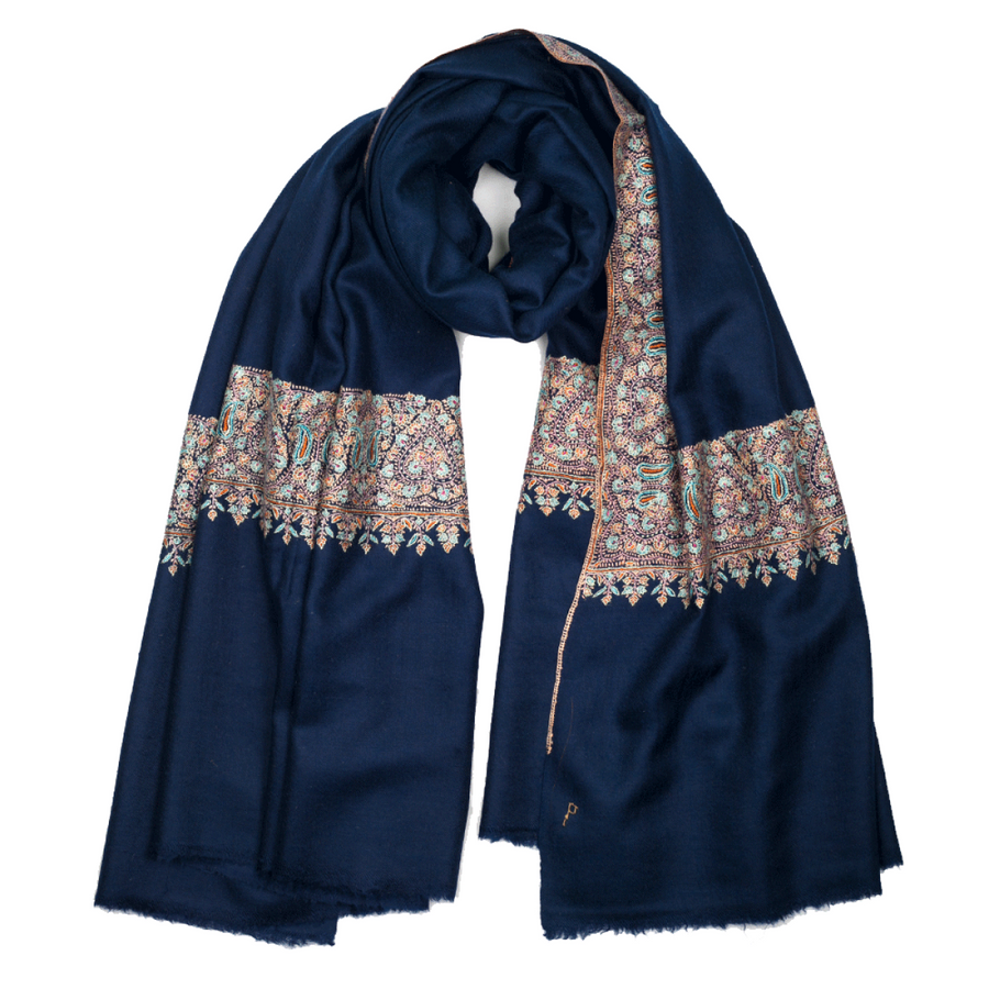 Embroidered Pashmina Shawl - Dark Blue &  Blue
