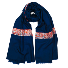 Embroidered Pashmina Shawl - Dark Blue & Red