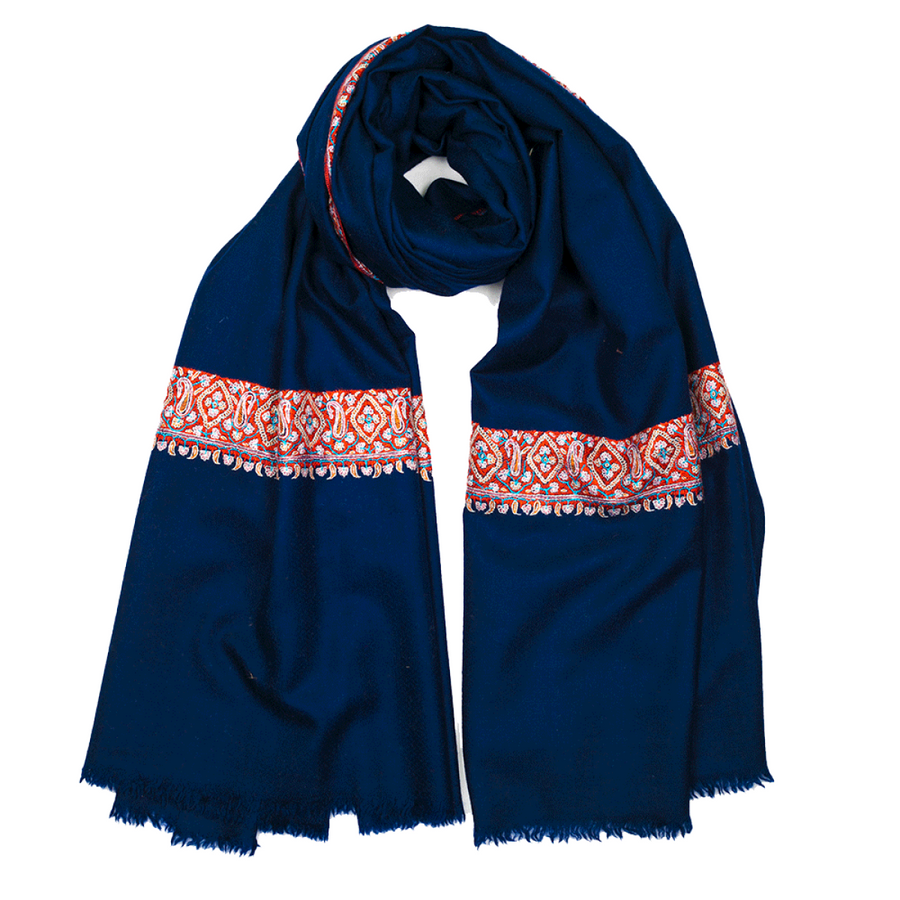 Embroidered Pashmina Shawl - Dark Blue & Red