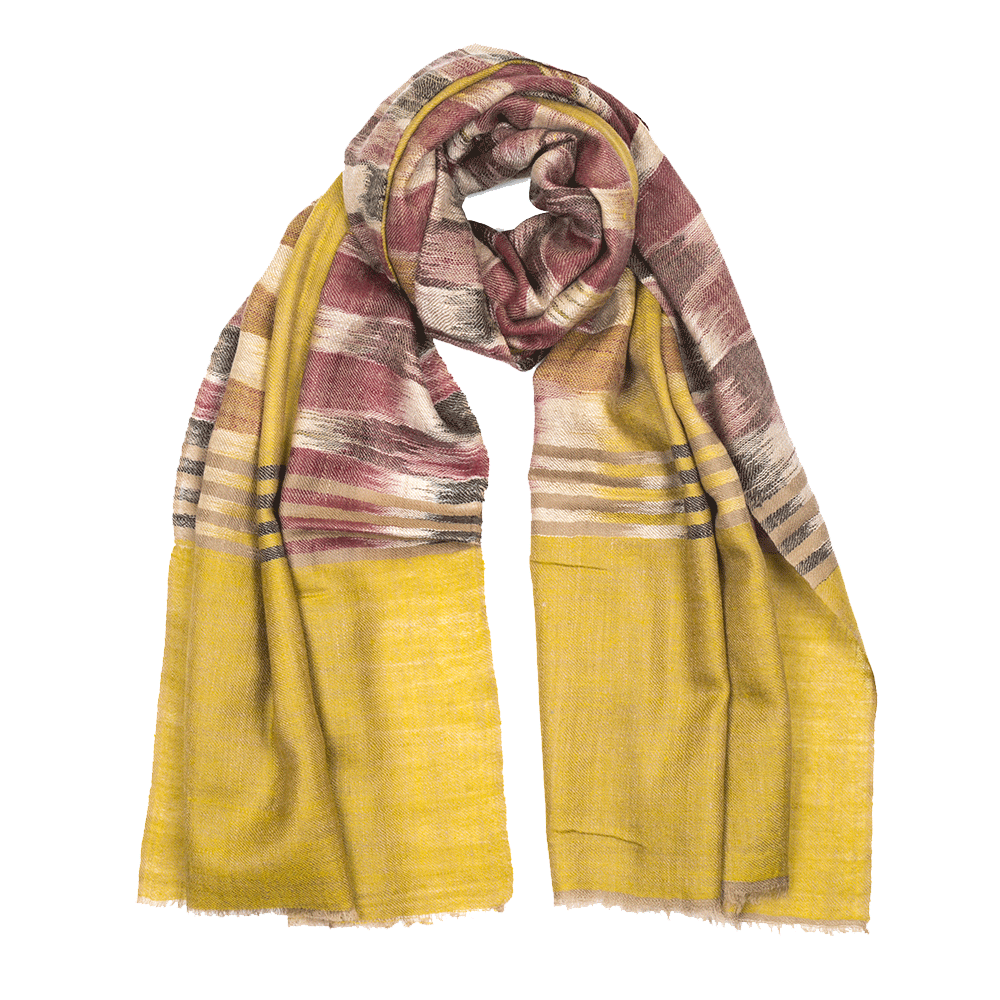 Ikat Cashmere Pashmina Stole - Olive & Red Bean