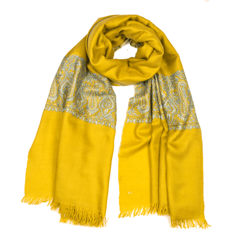 Embroidered Pashmina Stole - Dark Citron & Blue