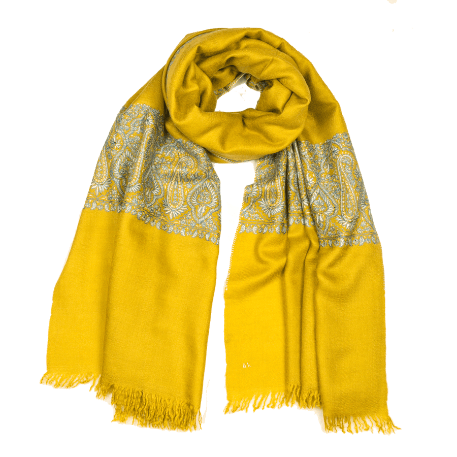 Embroidered Pashmina Stole - Dark Citron & Blue