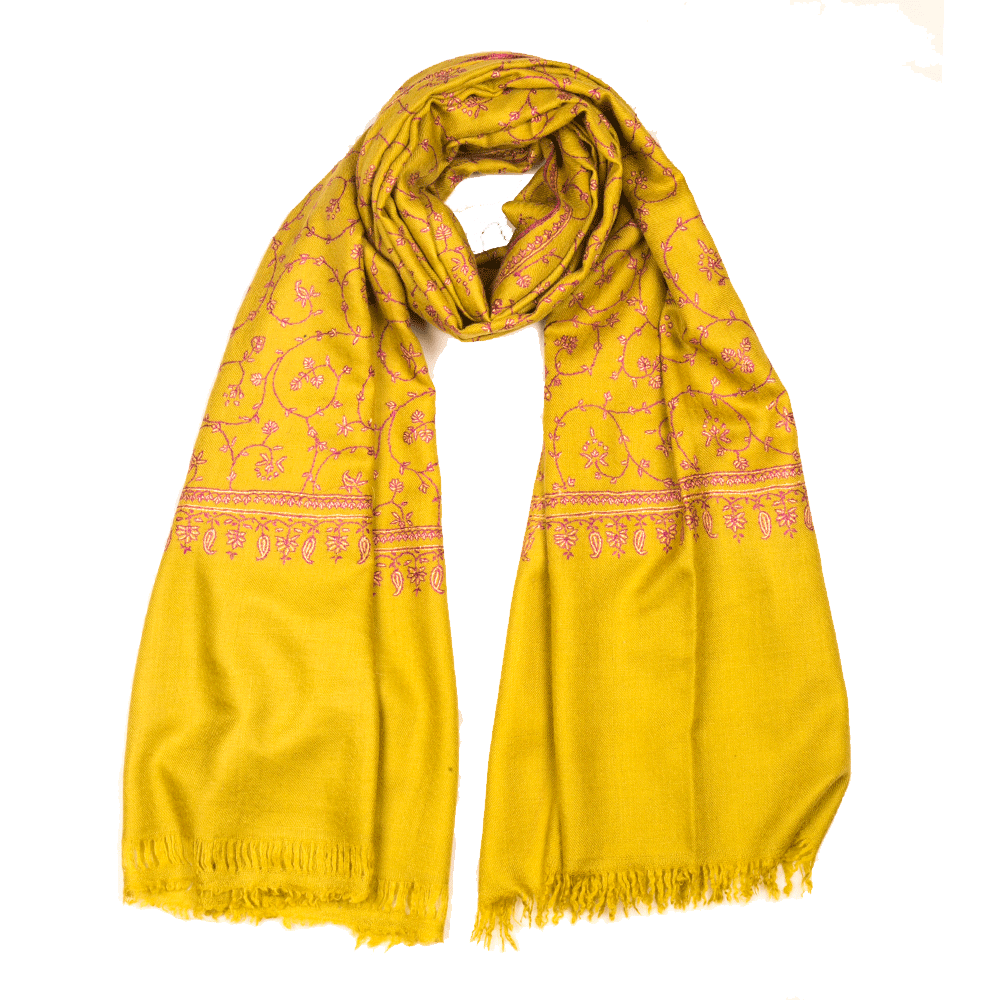 Embroidered Pashmina Stole - Allover Olive Purple