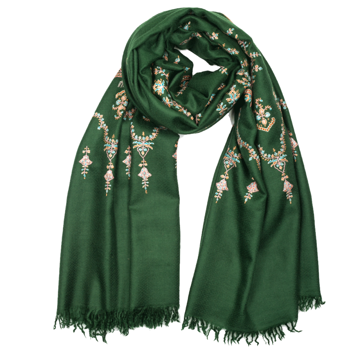 Embroidered Pashmina Shawl - Emerald Green & Pink
