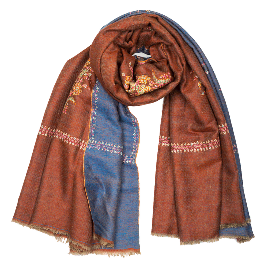 Embroidered Pashmina Shawl - Redwood Red & Blue
