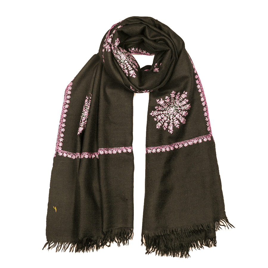 Embroidered Pashmina Stole - Black & Pink