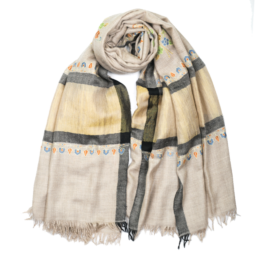 Embroidered Pashmina Shawl - Natural Zari Blue & Orange
