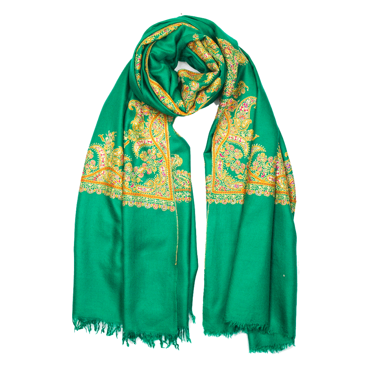 Embroidered Pashmina Shawl - Emerald Green & Yellow