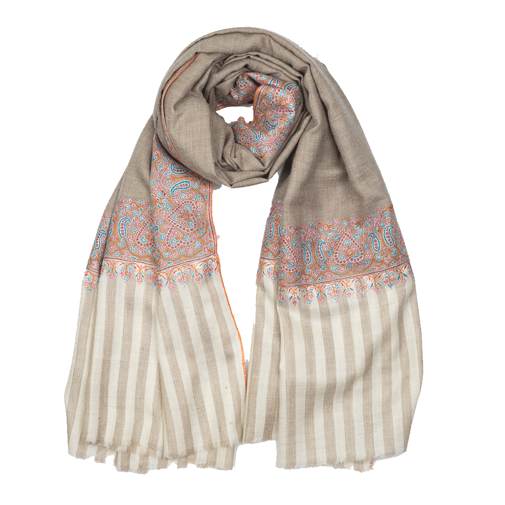 A beige and orange striped pashmina shawl with floral hand-embroidered patterns