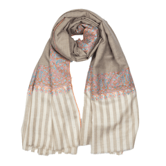 A beige and orange striped pashmina shawl with floral hand-embroidered patterns
