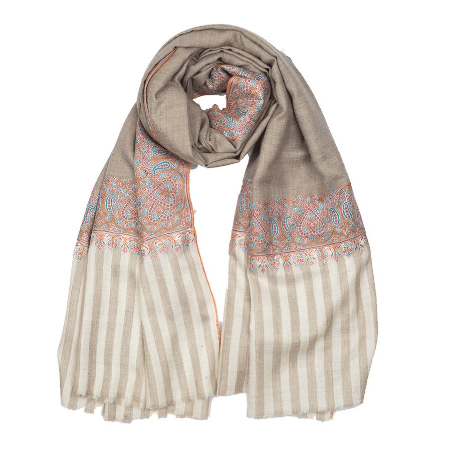 A beige and orange striped pashmina shawl with floral hand-embroidered patterns