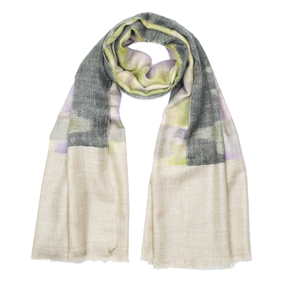 Ikat Cashmere Pashmina Stole - White & Lime Green