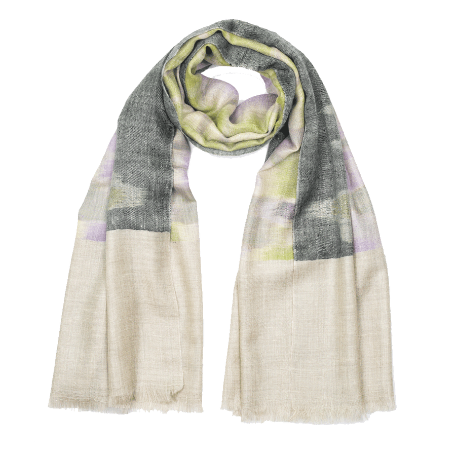 Ikat Cashmere Pashmina Stole - White & Lime Green