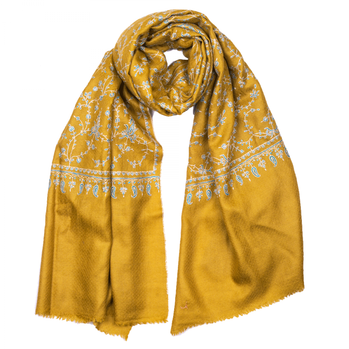 Embroidered Pashmina Stole - Mustard & White