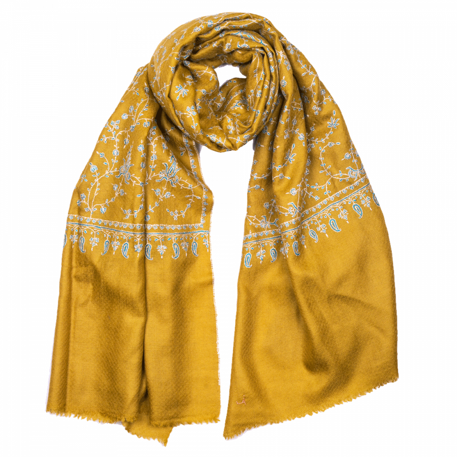 Embroidered Pashmina Stole - Mustard & White