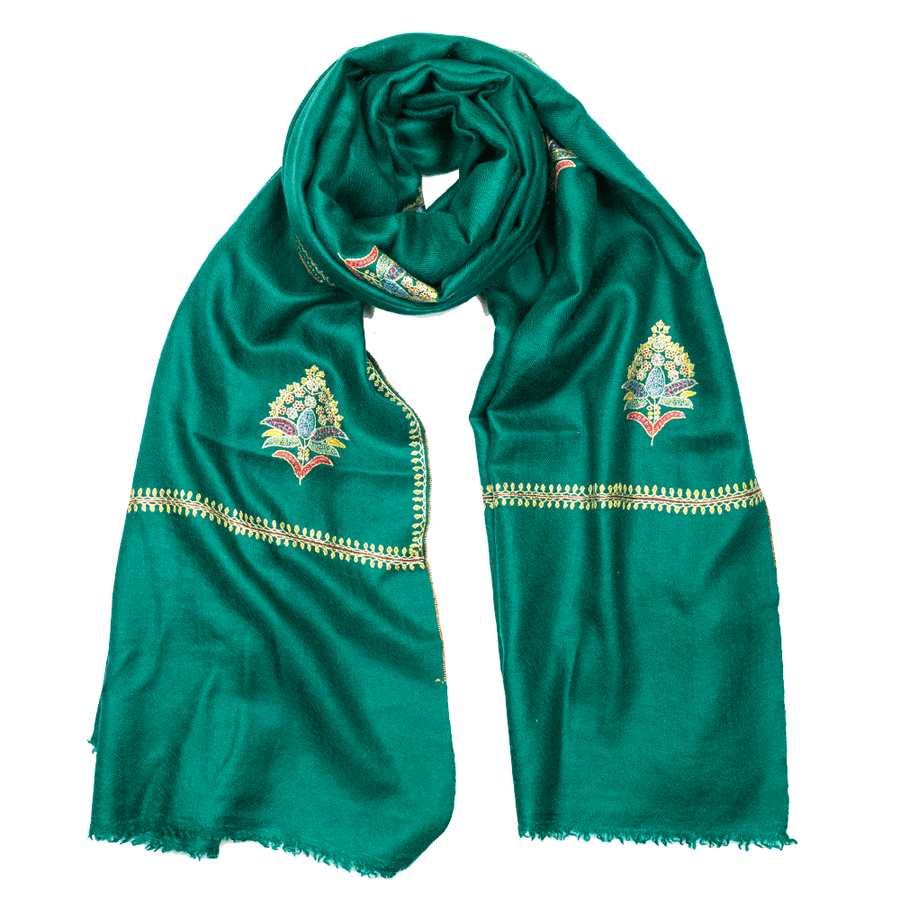 Embroidered Pashmina Stole - Emerald Green & Gold