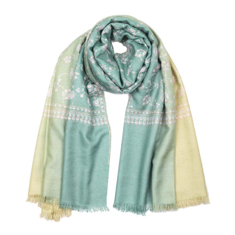 Embroidered Pashmina Stole - Duo Colour Pastel Water & Sage