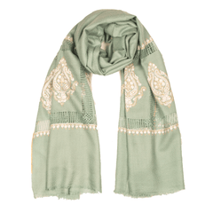 Embroidered Pashmina Stole - Dusty Turquois & White