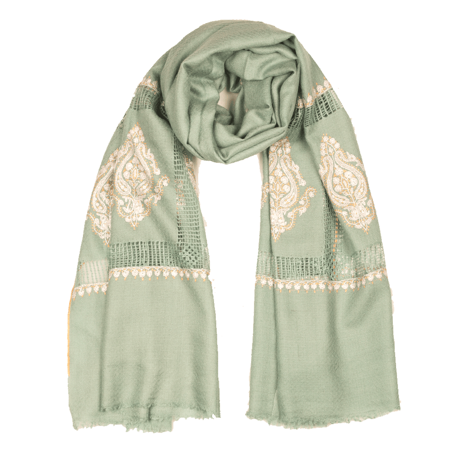 Embroidered Pashmina Stole - Dusty Turquois & White