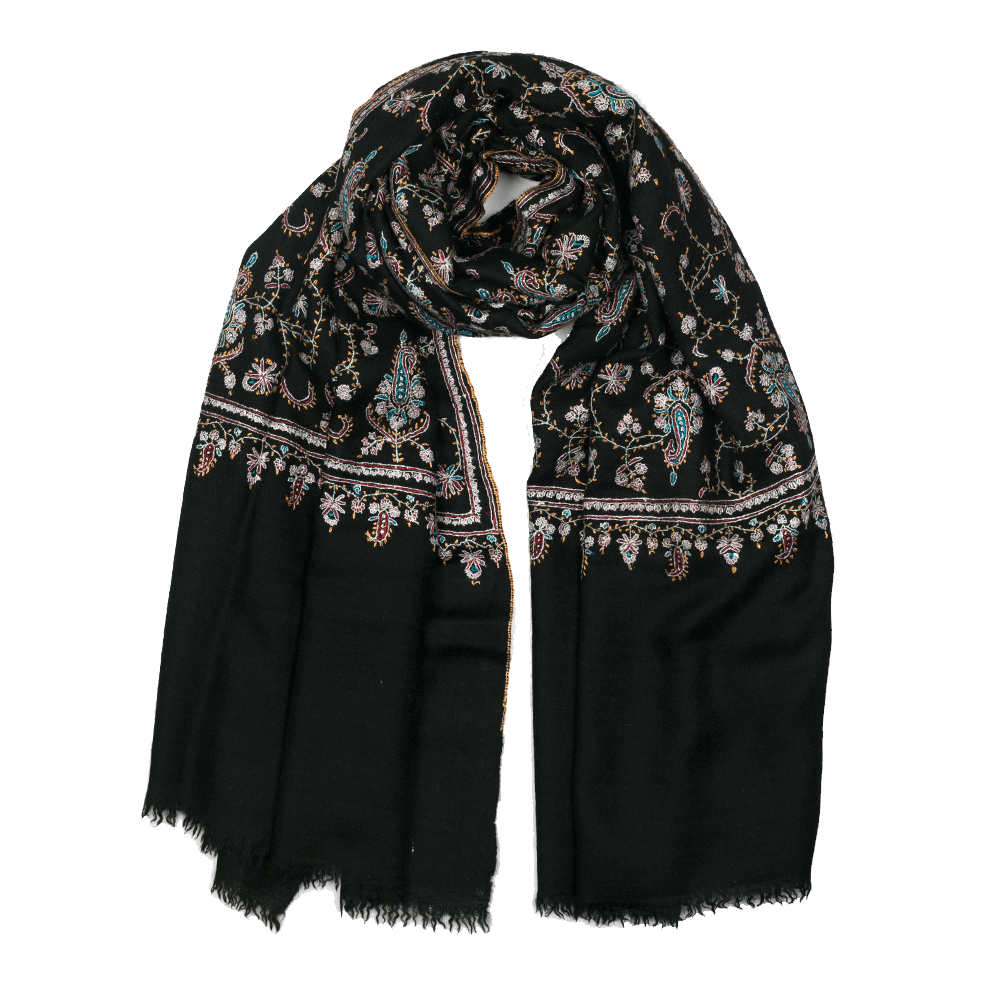 Embroidered Pashmina Shawl - Black & White Motif