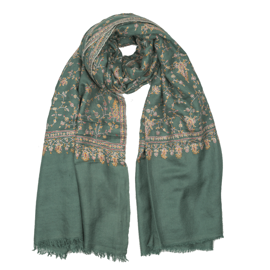Pine Green Hand-Embroidered Pashmina Shawl
