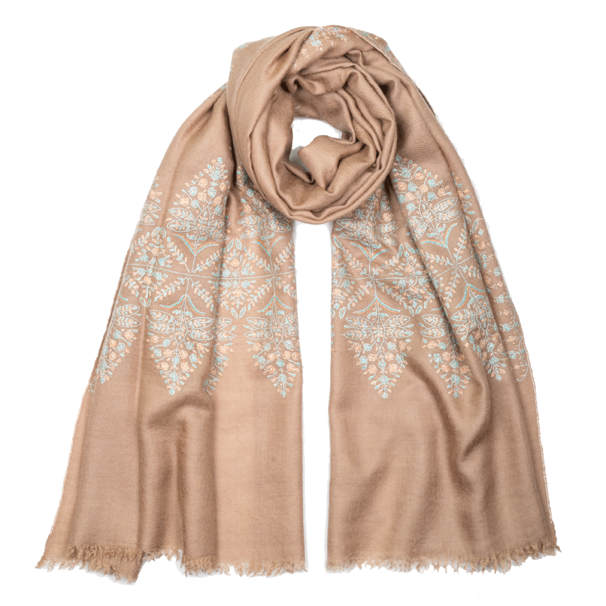 Embroidered Pashmina Stole - Ight Taupe & Aqua