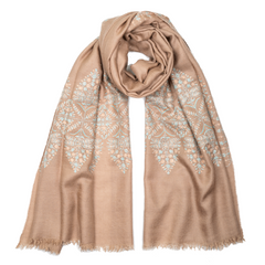 Embroidered Pashmina Stole - Ight Taupe & Aqua