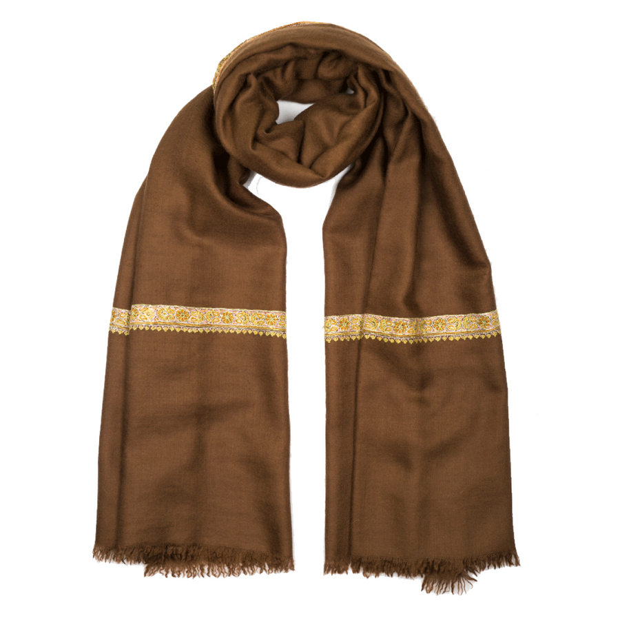 Embroidered Pashmina Stole - Mustang Brown & Orange