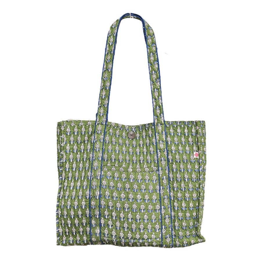 Block Printed Cotton Quilted Bag - Forest Green