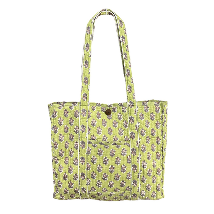 Block Printed Cotton Quilted Bag - Wild Lime