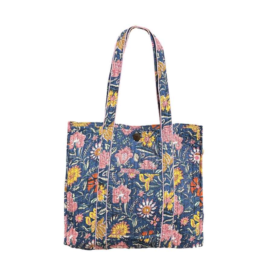 Block Printed Cotton Quilted Bag - Copen Blue