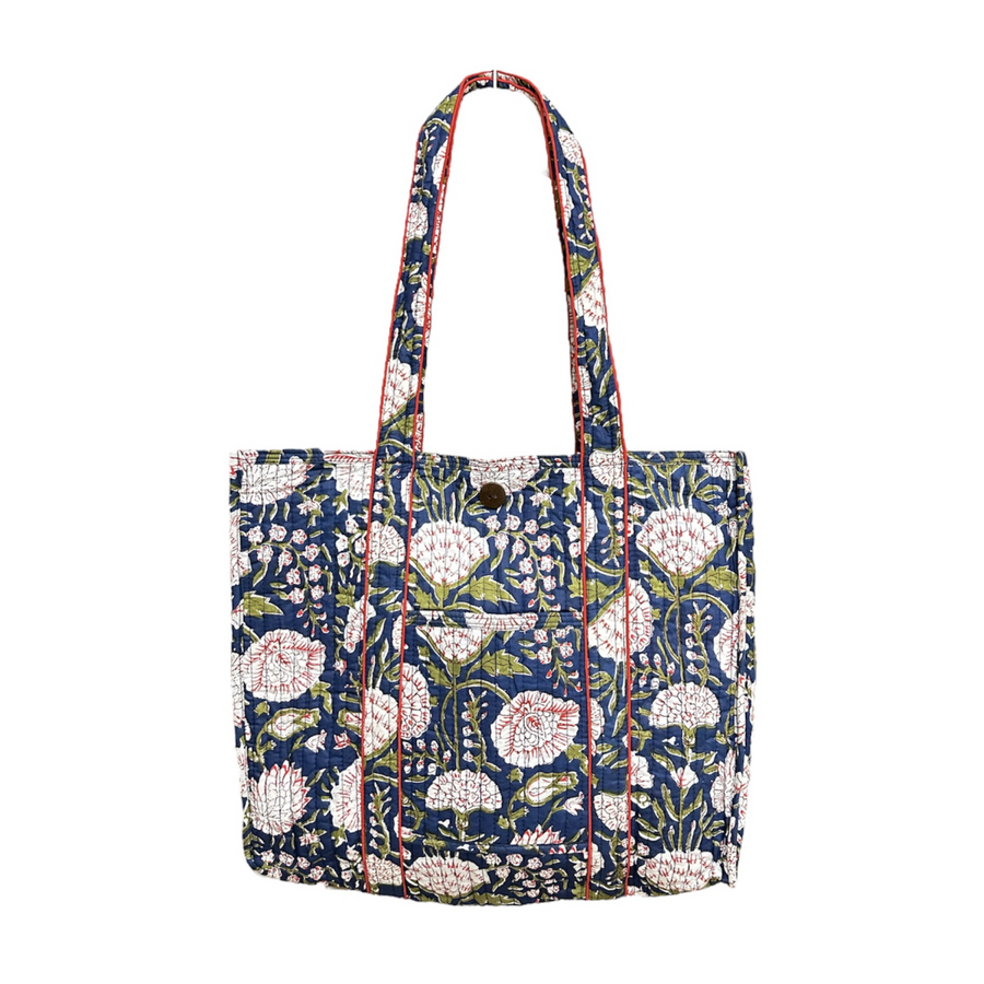 Block Printed Cotton Quilted Bag - Ture Navy