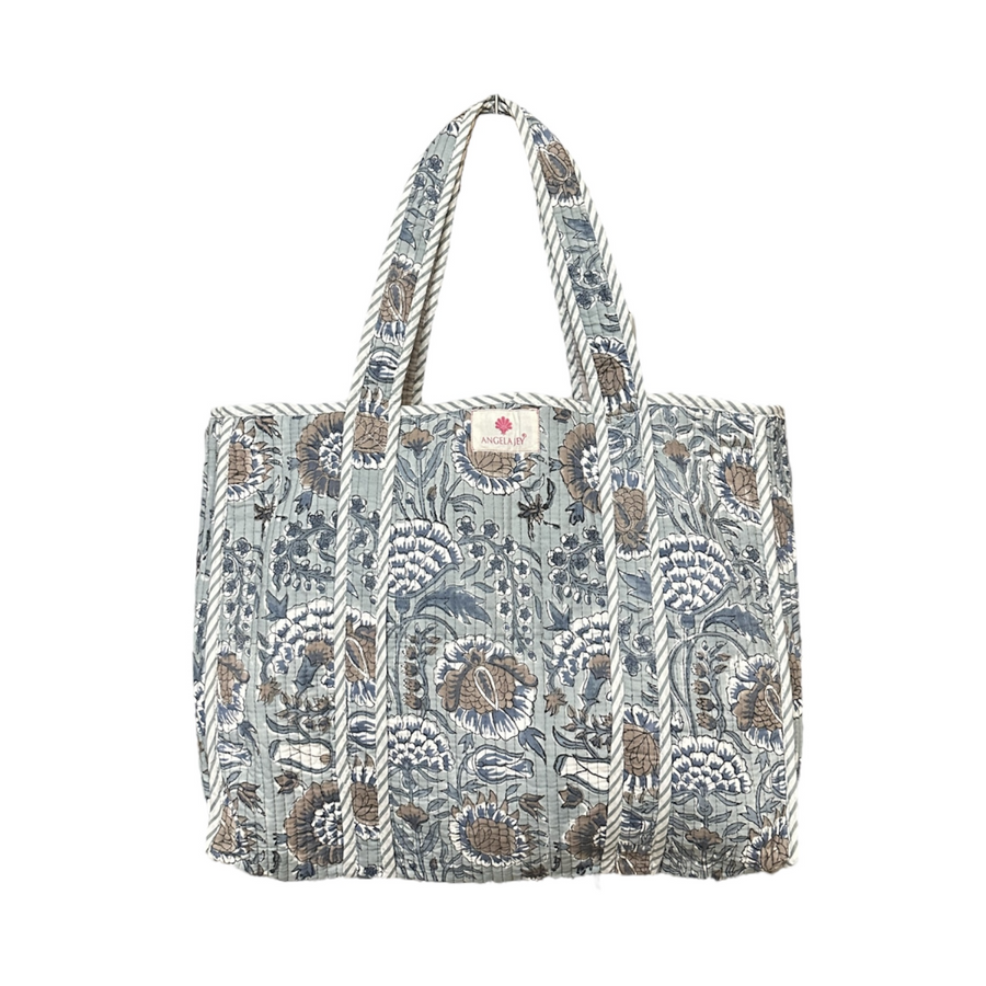 Block Printed Cotton Quilted Bag - Puritan Gray