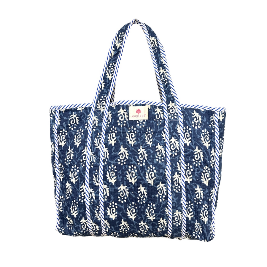 Block Printed Cotton Quilted Bag - English Blue
