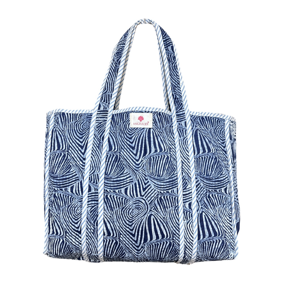 Block Printed Cotton Quilted Bag - Dark Blue
