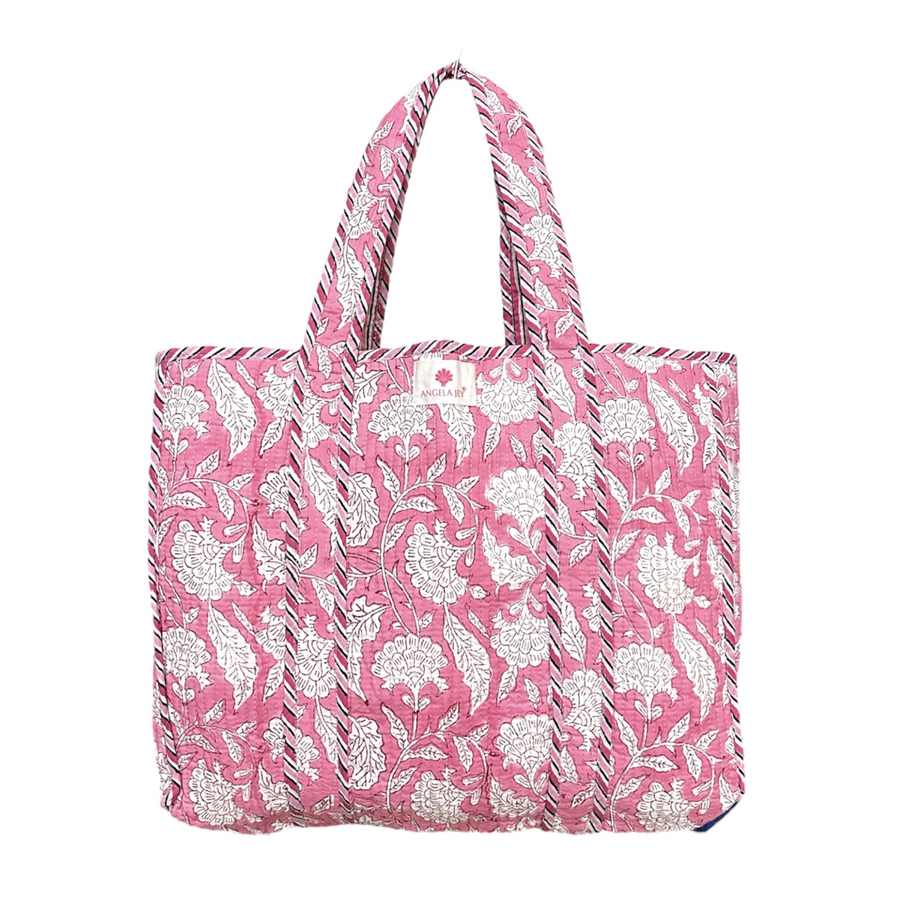 Block Printed Cotton Quilted Bag - Sea Pink