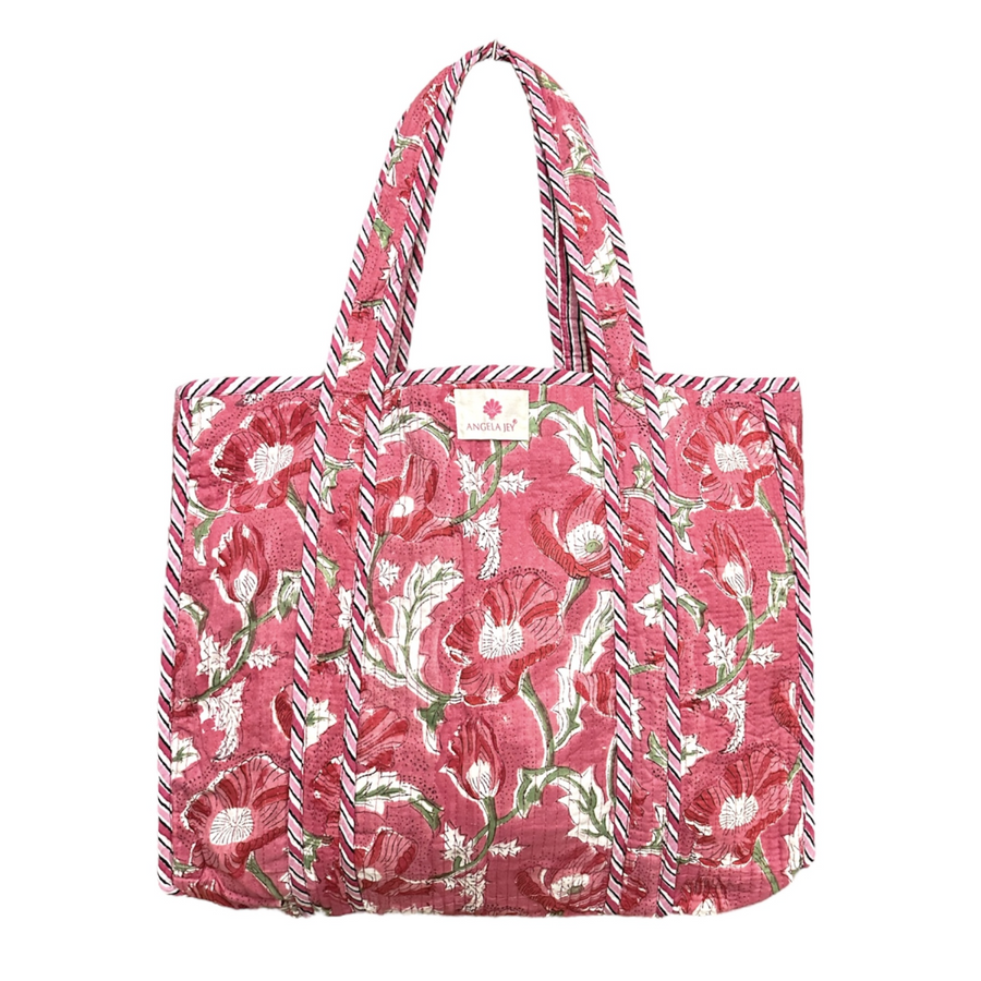 Block Printed Cotton Quilted Bag - Garnet Rose