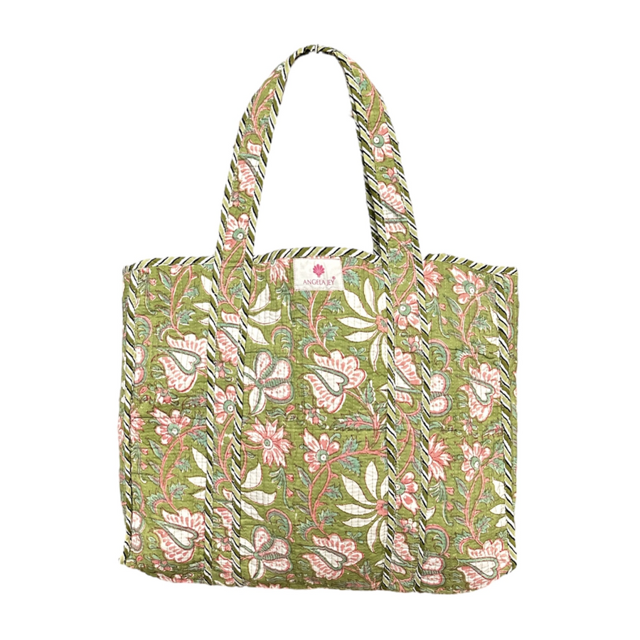 Block Printed Cotton Quilted Bag - Spinach Green