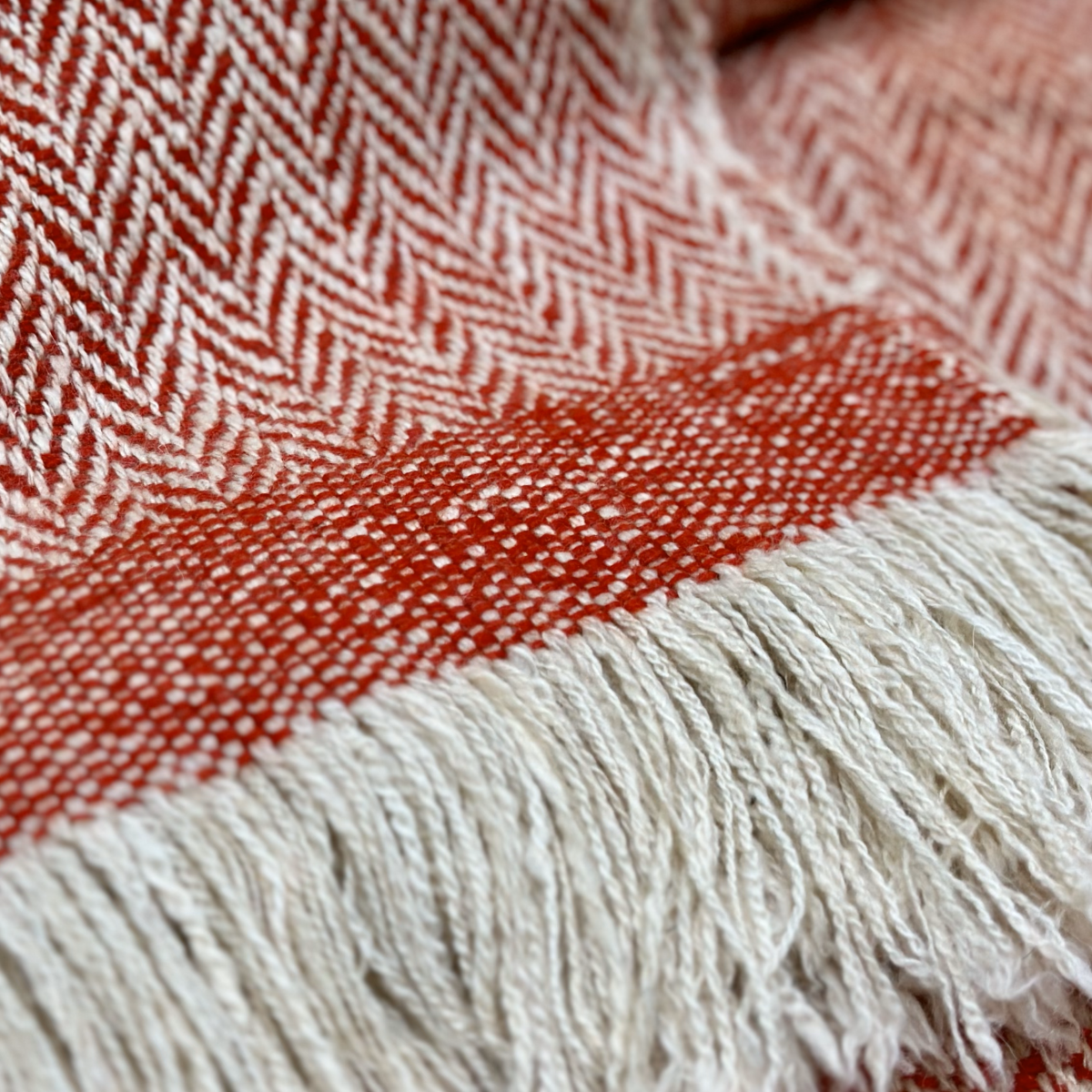 Cashmere Throw in Herringbone - Orange Red & White